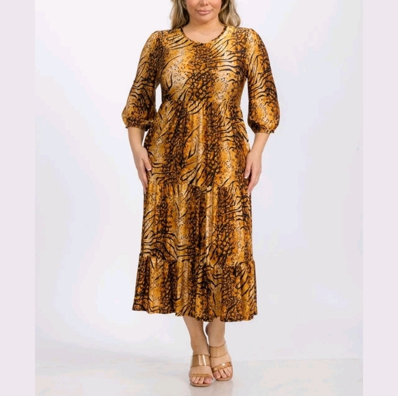 Tiger Print Blossom 3/4 Sleeve Front Pocket Tiered Midi Dress - Picture 9 of 15